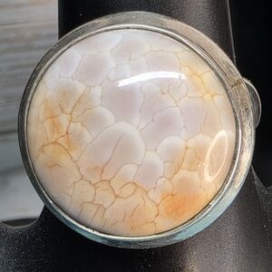 Sterling Silver Peach Dragon Vein Agate Statement Ring 925 Size 7.25
